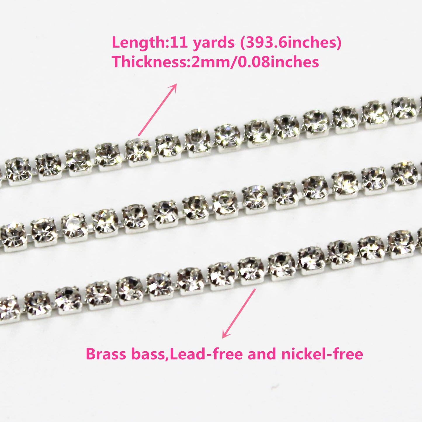 SUNMOVE 11 Yards 2MM Crystal Rhinestone Trim, Close Chain Trim,Rhinestone Strips for Sewing Crafts Ideal Wedding Party,Jewelry Making, Shoe Charms
