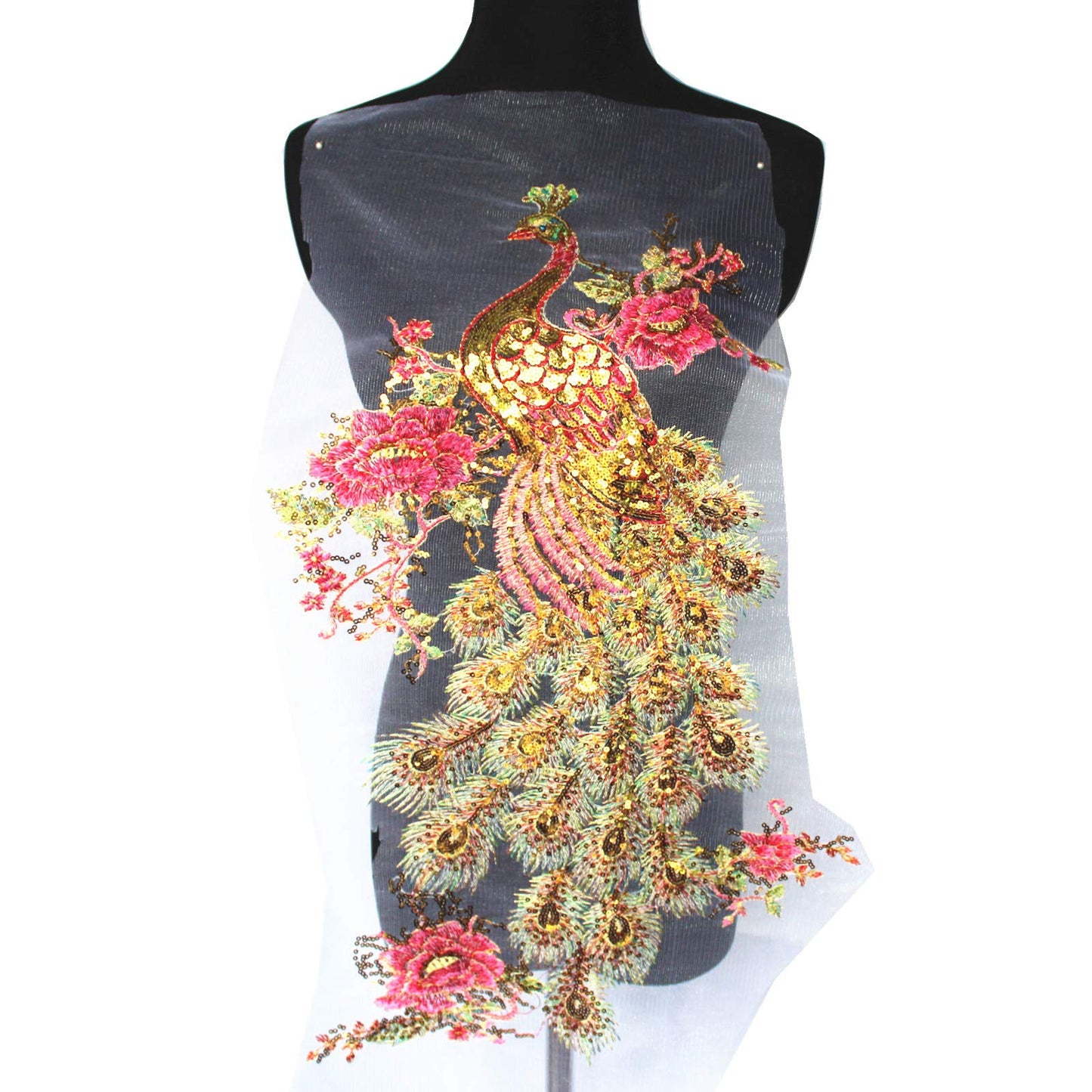 SUNMOVE 1PC Large Embroidery Applique Sequin Phoenix Peacock Bird Lace Fabric Applique Net Trim Sewing Collar Patch Wedding Party Dress DIY Motif