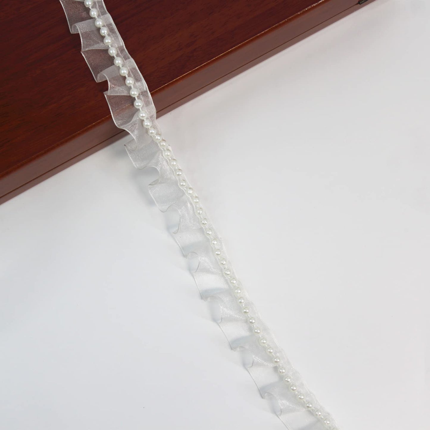 SUNMOVE Pearl Trim Lace Ribbon Ruffles Beaded Lace Edge Trim Wedding Dress Bridal Ribbon Sew On Applique Cloth Bag Hat Dress Decoration