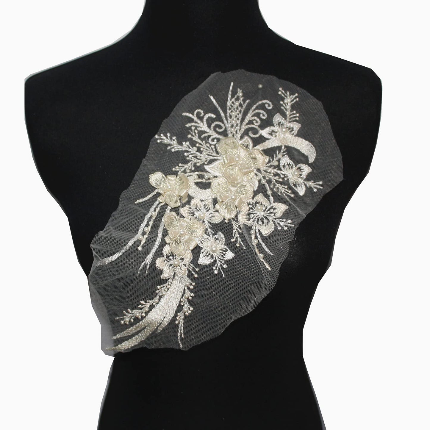 SUNMOVE Embroidery Pearl Lace Applique Net Trim Sewing Flower Fabric Collar Patch for Wedding Gown Dress Bridal DIY Crafts