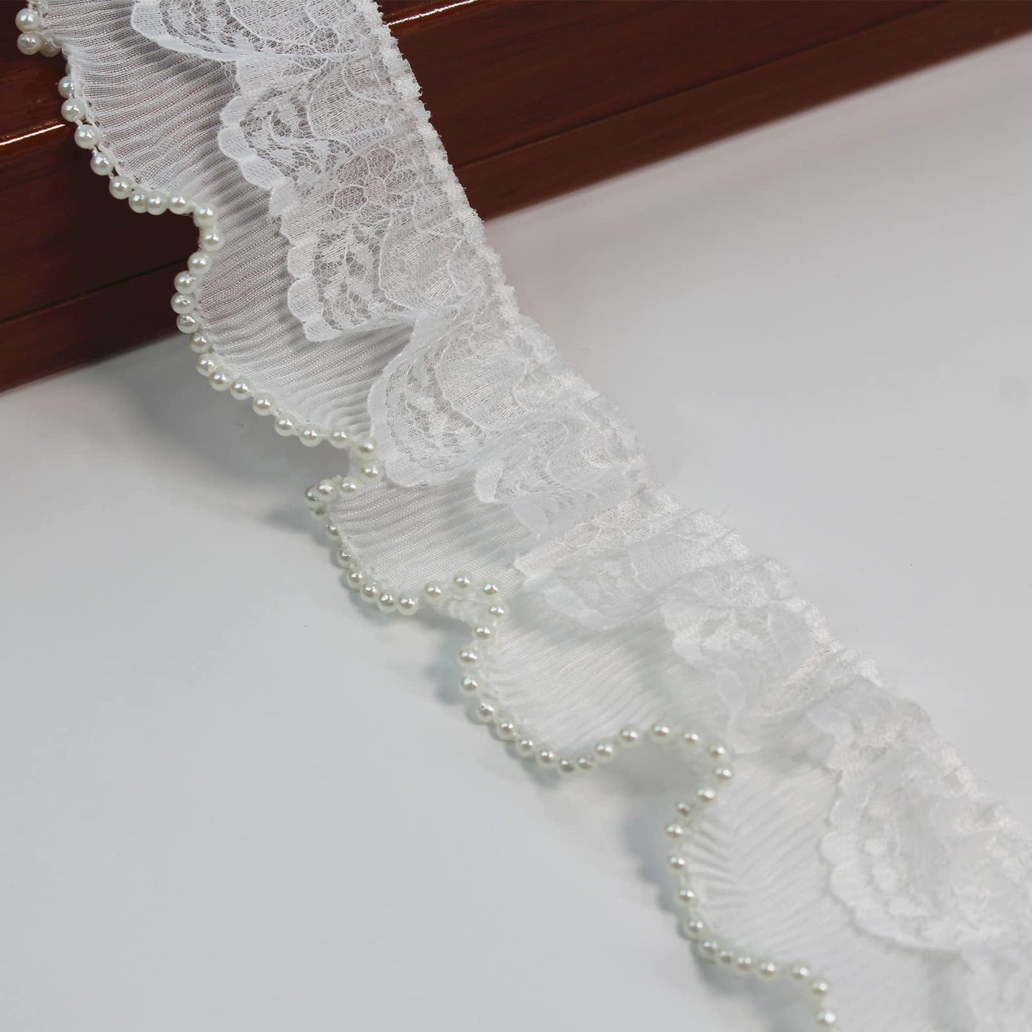 SUNMOVE Pearl Trim Lace Ribbon Ruffles Beaded Lace Edge Trim Wedding Dress Bridal Ribbon Sew On Applique Cloth Bag Hat Dress Decoration