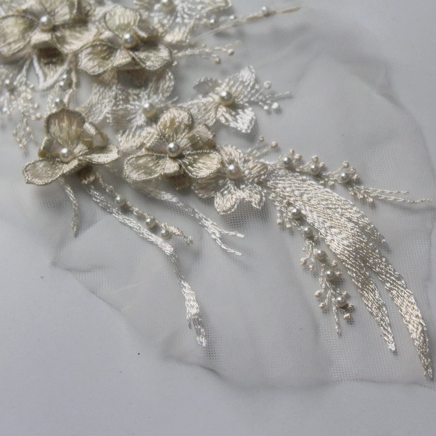 SUNMOVE Embroidery Pearl Lace Applique Net Trim Sewing Flower Fabric Collar Patch for Wedding Gown Dress Bridal DIY Crafts