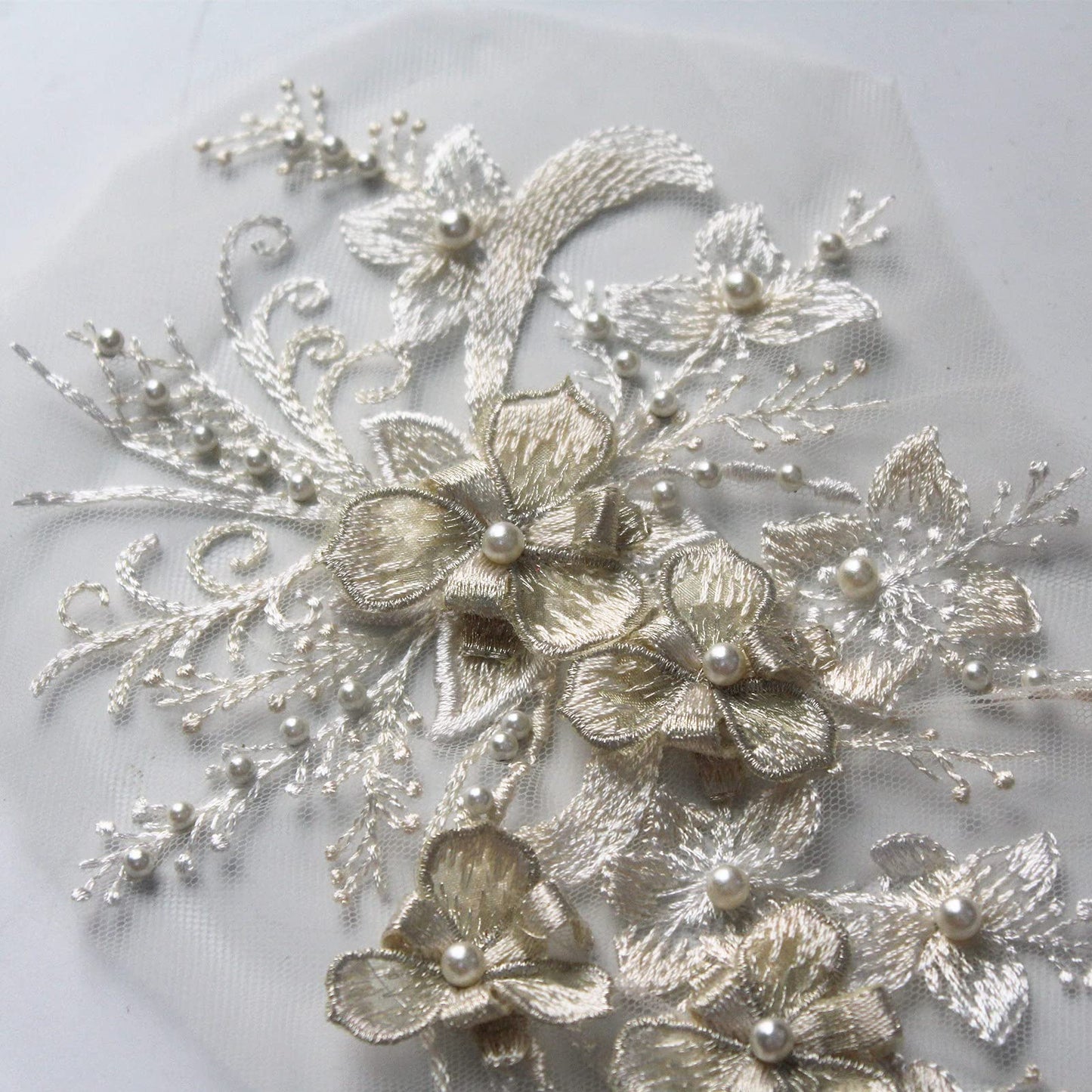 SUNMOVE Embroidery Pearl Lace Applique Net Trim Sewing Flower Fabric Collar Patch for Wedding Gown Dress Bridal DIY Crafts
