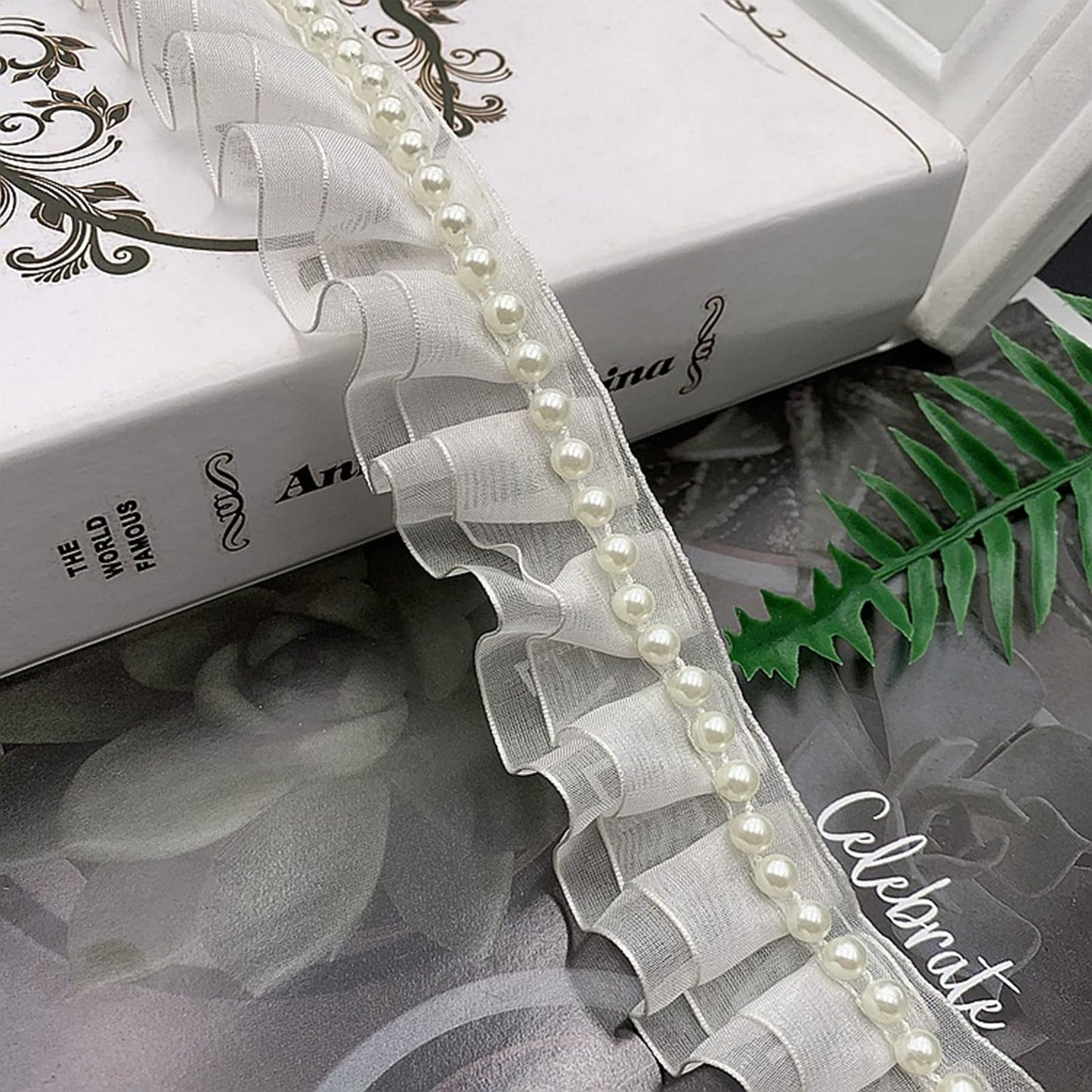 SUNMOVE Pearl Trim Lace Ribbon Ruffles Beaded Lace Edge Trim Wedding Dress Bridal Ribbon Sew On Applique Cloth Bag Hat Dress Decoration