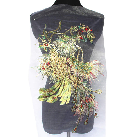 SUNMOVE 1PC Large Embroidery Applique Sequin Phoenix Peacock Bird Lace Fabric Applique Net Trim Sewing Collar Patch Wedding Party Dress DIY Motif