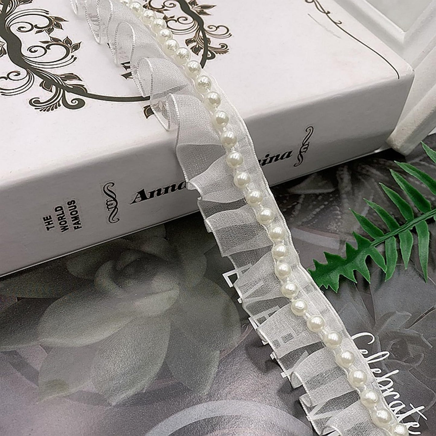 SUNMOVE Pearl Trim Lace Ribbon Ruffles Beaded Lace Edge Trim Wedding Dress Bridal Ribbon Sew On Applique Cloth Bag Hat Dress Decoration