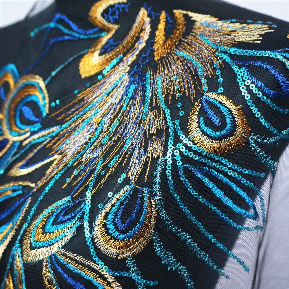 SUNMOVE 1PC Large Embroidery Sequin Peacock Feather Fabric Lace Applique Net Trim Sew On Collar Patch for Party Dress Wedding Dress Bridal DIY