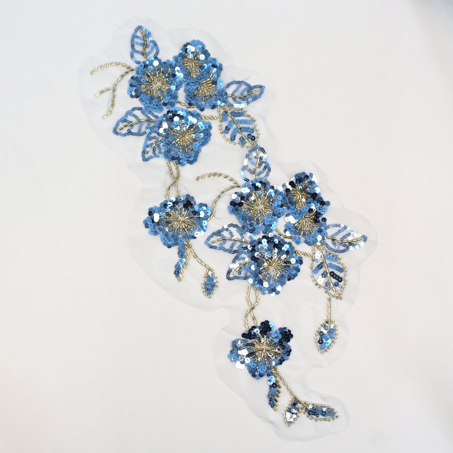 SUNMOVE 1PC 3D Beaded Embroidery Sequin Lace Applique Blue Mirror Sew On Flower Fabric Collar Patch Motif Wedding Gown Dress Bridal DIY Crafts