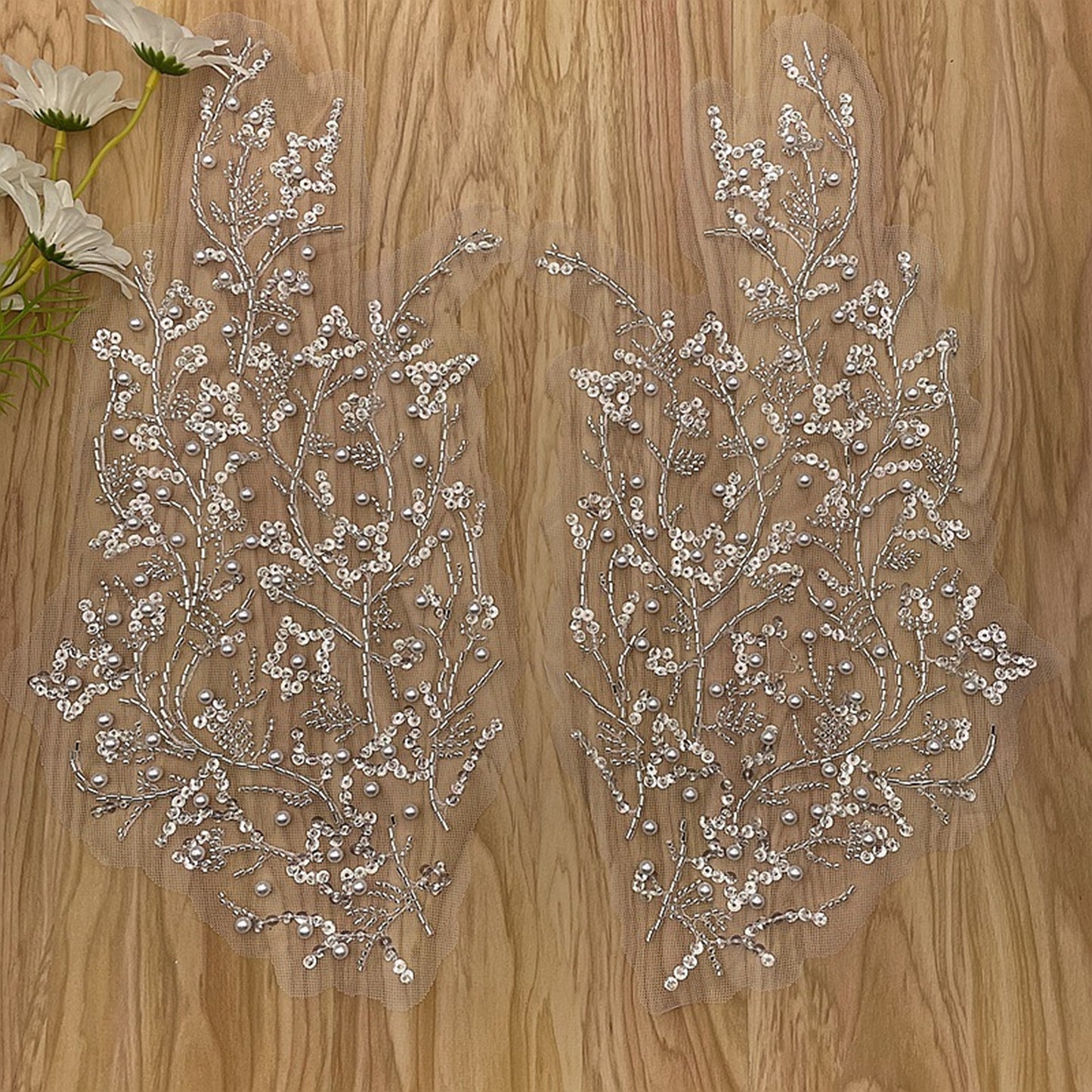 SUNMOVE One Pair 3D Beaded Embroidery Sequin Lace Applique Sew On Flower Fabric Collar Patch Motif Wedding Gown Dress Bridal DIY Crafts